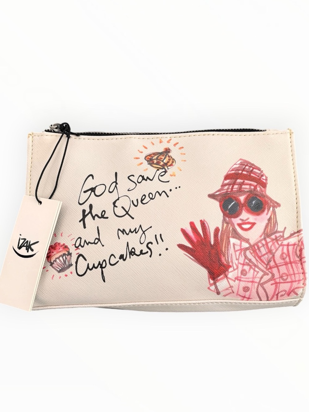 IZAK Beige ‘God Save The Queen and My Cupcakes’ Cosmetic Pouch